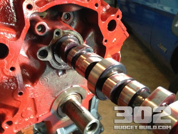 Showing initial insertion of the camshaft into the small block 302. E303 Camshaft by Ford Racing