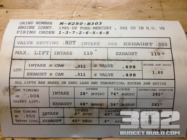 Cam specifications for Installation of the camshaft into the small block ford. M-6250-E303