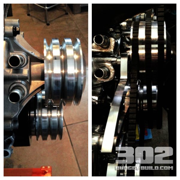 Note how the photo on the left’s pulleys do not align properly. This indicates that the harmonic damper is fully installed. A .950 spacer will be required to make the pulleys line up. You will also need longer crank pulley bolts.