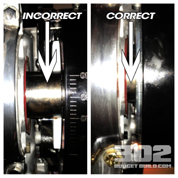 The photo on the left shows a balancer damper that is not installed fully onto the crankshaft. The photo on the right is correct.