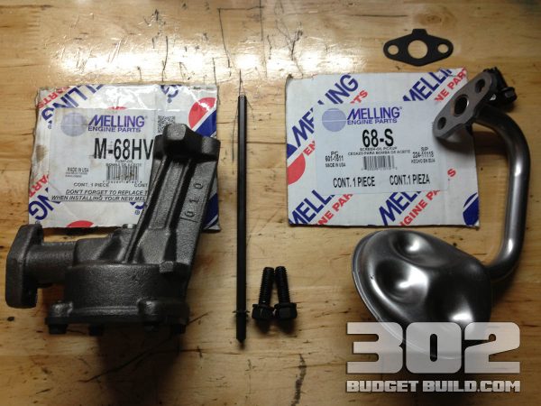 Melling oil pump and screen with part numbers to be installed on the small block ford 302